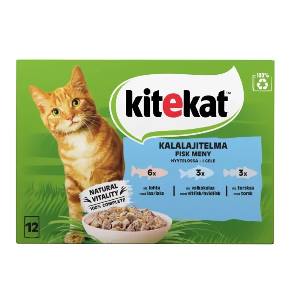 KITEKAT 12X85G KALAHERKUT HYYTELÖLAJITELMA Koostumus sis. lohta: liha- ja eläinperäisiä tuotteita, viljaa, kalaa ja kalatuotteita (josta 4% lohta paloissa*), kivennäisiä, kasvivalkuaistiivisteitä, sokereita. *Paloja tyypillisesti 40% tuotteesta. Koostumus sis. valkokalaa