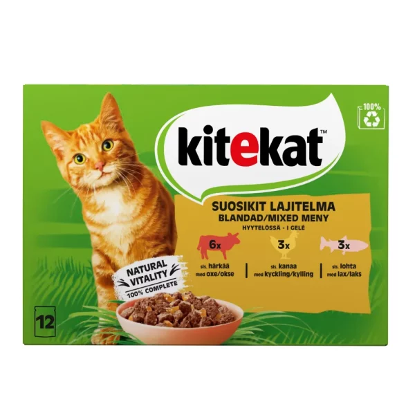 KITEKAT 12X85G VEIJARIN VALITUT HYYTELÖLAJITELMA Täynnä laadukkaista raaka-aineista valmistettuja paloja, jotka tarjoavat kissallesi kaikki täysipainoiseen elämään vaadittavat tärkeät ravintoaineet ja vitamiinit.