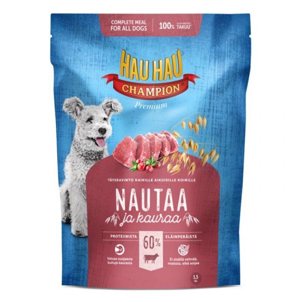 HAU-HAU CHAMPION NAUTA-KAURA TÄYSRAVINTO 1,5 KG