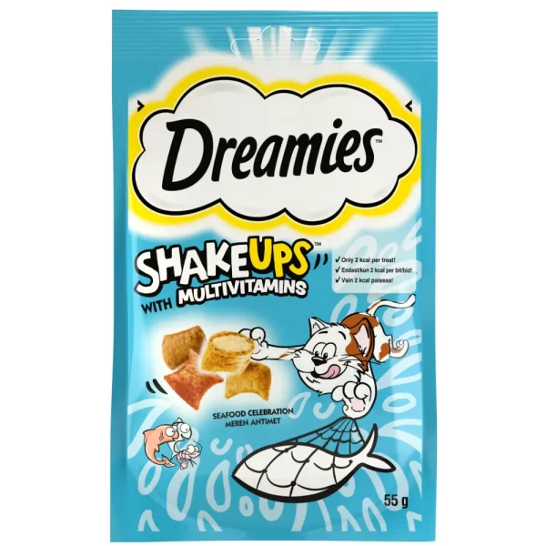 DREAMIES MULTIVITAMIN SHAKE UPS SEAFOOD Herkullisen rapeita ulkoa ja pehmeitä sisältä. Kissojen on vaikea vastustaa herkullisia DREAMIES™-makupaloja. Emme käytä salaisia ainesosia tai taikuutta saadaksemme niistä maistuvia.