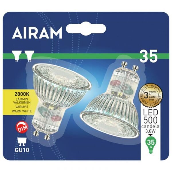 AIRAM LED-LAMPPU GU10 3,8 W 2 KPL HIMMENNETTÄVÄ