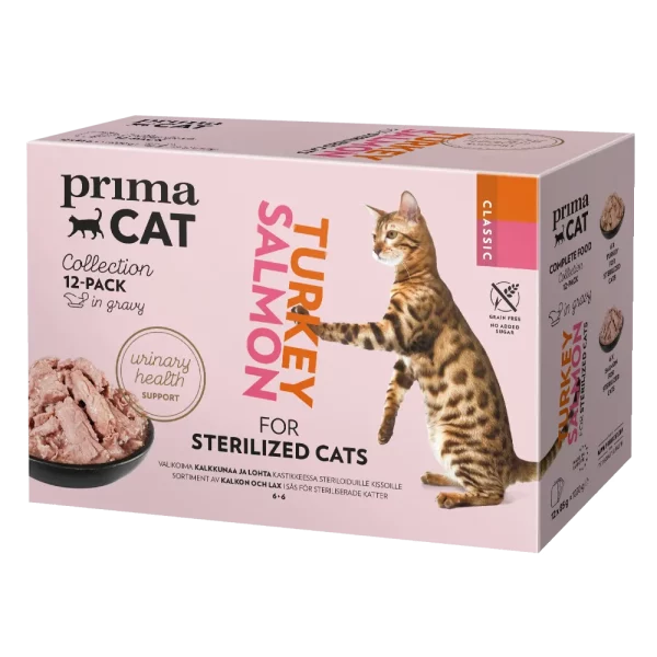 PRIMA CAT 12X85G STERILIZED KASTIKELAJITELMA Me PrimaCatilla tiedämme, että kissan ruokinta on taitolaji. Siksi olemme luoneet erityisen herkulliset kissanruoat, joita kissasi on lähes mahdoton vastustaa.